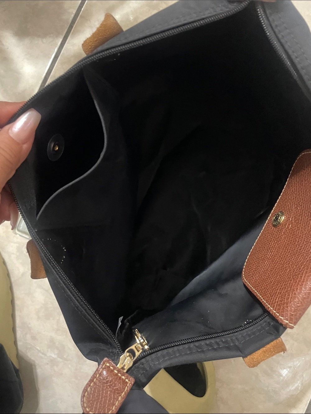 Longchamp Black Nylon Tote with Brown Leather Trim and Handles - Picture 3 of 10